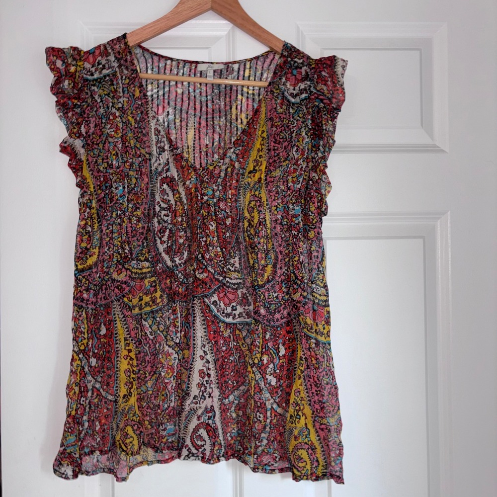 Joie Multicolored Boho Fairycore Silk/Soie Ruffle Sleeve See-Through Blouse Sz L
